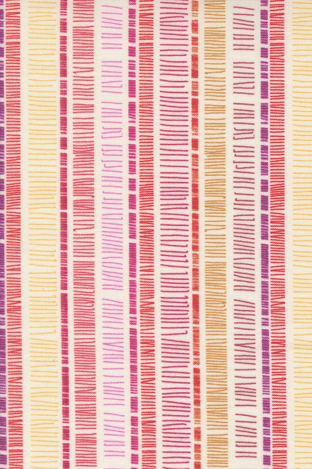 Superbloom Scribble Stripe Cream fabric by Robin Pickens for Moda Fabrics, featuring coral-red, pink, plum, and golden-yellow scribble stripes on a cream ground.