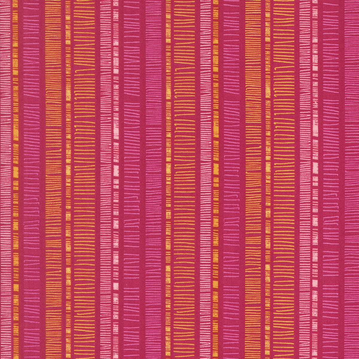 Superbloom Scribble Stripe Orchid fabric by Robin Pickens for Moda Fabrics, featuring golden-orange and pink scribble stripes on an orchid-magenta ground.