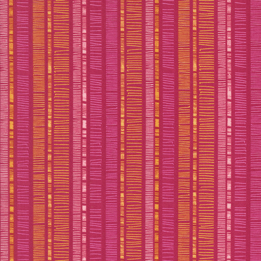 Superbloom Scribble Stripe Orchid fabric by Robin Pickens for Moda Fabrics, featuring golden-orange and pink scribble stripes on an orchid-magenta ground.
