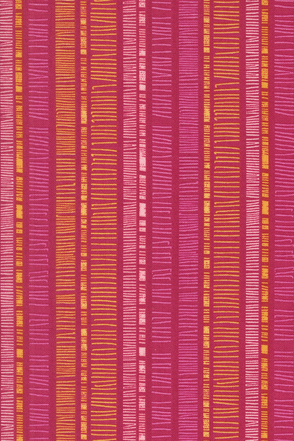 Superbloom Scribble Stripe Orchid fabric by Robin Pickens for Moda Fabrics, featuring golden-orange and pink scribble stripes on an orchid-magenta ground.