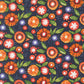 Superbloom Posy Party Indigo fabric by Robin Pickens for Moda Fabrics, featuring orange and coral blooms, lavender accents, and green leaves on indigo.