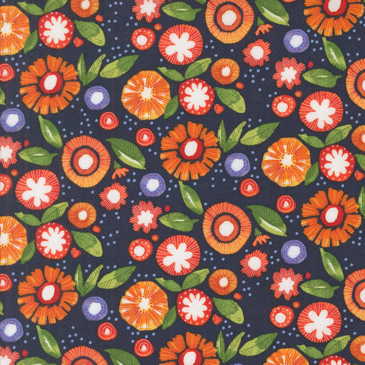 Superbloom Posy Party Indigo fabric by Robin Pickens for Moda Fabrics, featuring orange and coral blooms, lavender accents, and green leaves on indigo.