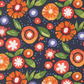 Superbloom Posy Party Indigo fabric by Robin Pickens for Moda Fabrics, with orange and coral flowers, lavender accents, and green leaves on deep indigo.
