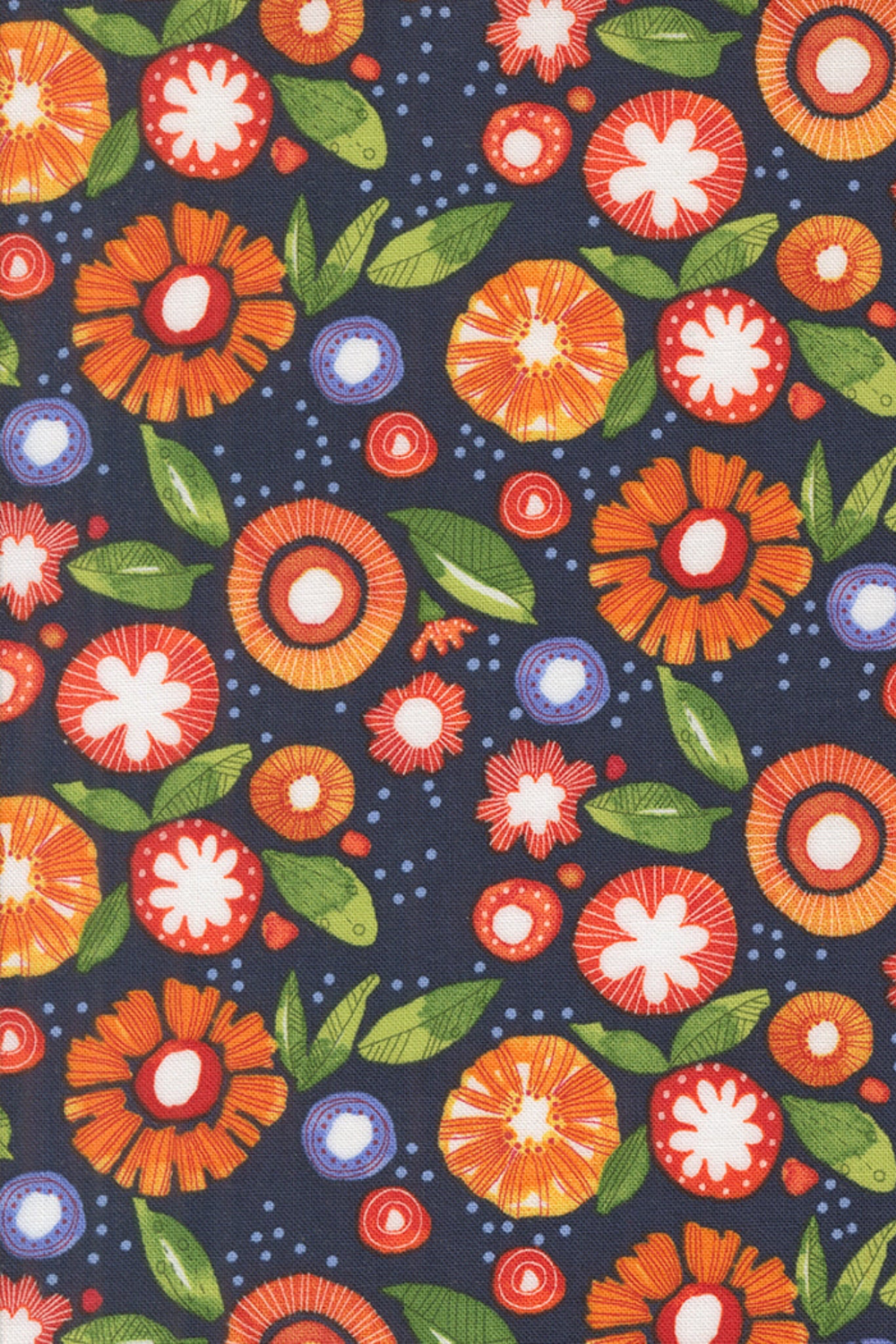 Superbloom Posy Party Indigo fabric by Robin Pickens for Moda Fabrics, with orange and coral flowers, lavender accents, and green leaves on deep indigo.