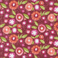 Superbloom Posy Party Zinnia fabric by Robin Pickens for Moda Fabrics, featuring pink and coral flowers, white accents, and lime green leaves on burgundy.