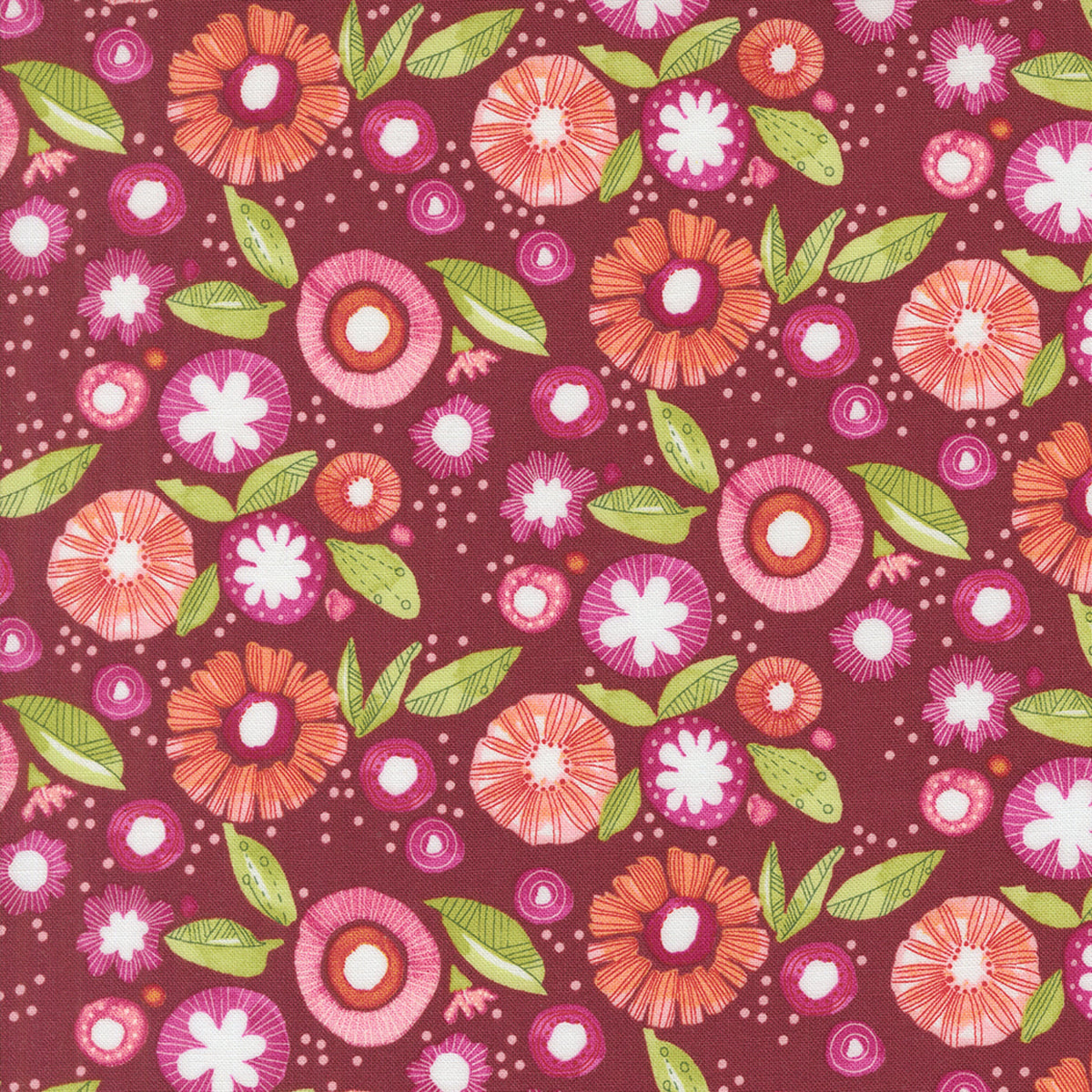 Superbloom Posy Party Zinnia fabric by Robin Pickens for Moda Fabrics, featuring pink and coral flowers, white accents, and lime green leaves on burgundy.
