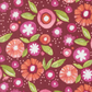 Superbloom Posy Party Zinnia fabric by Robin Pickens for Moda Fabrics, featuring pink, coral, and white flowers with lime green leaves on burgundy.