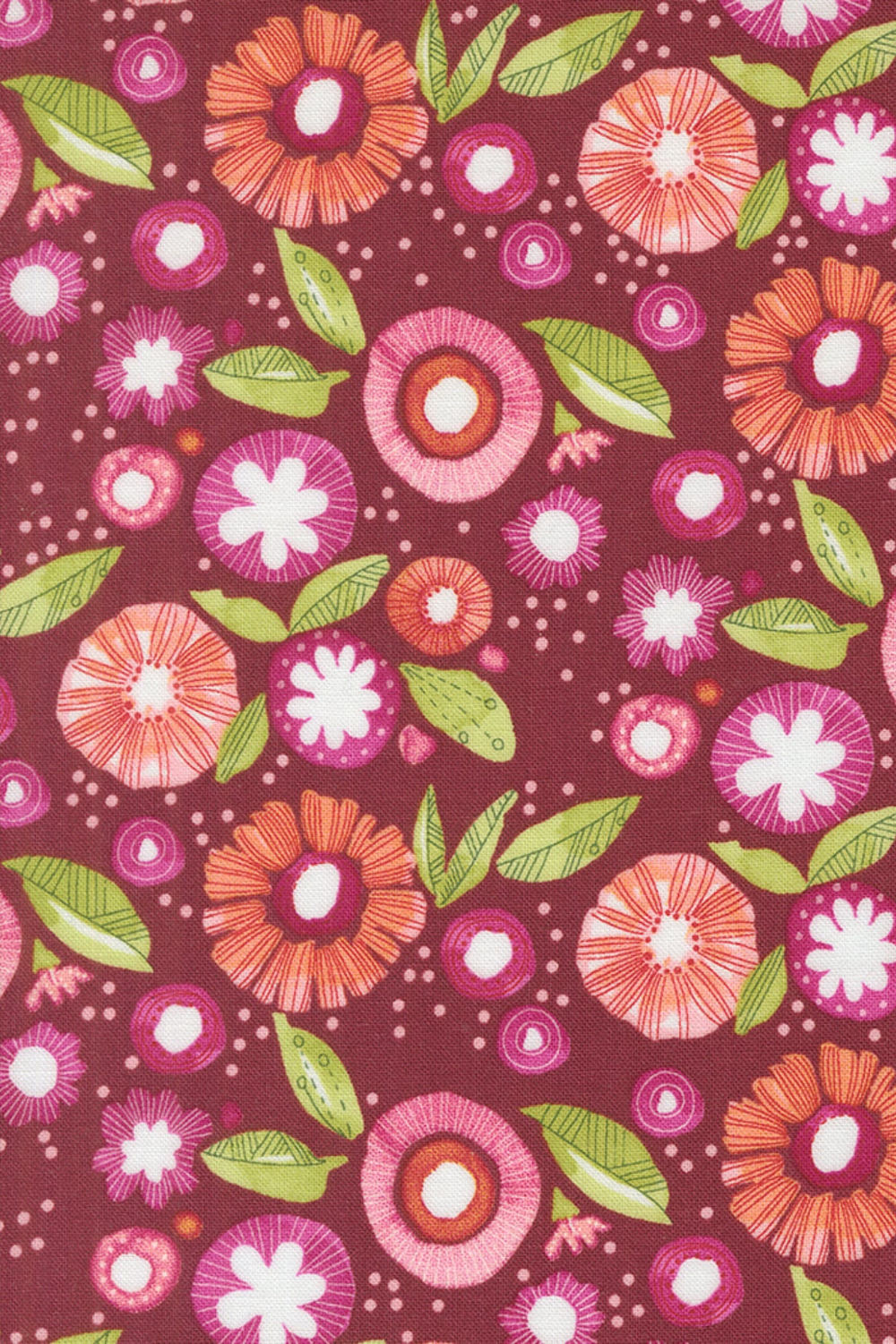 Superbloom Posy Party Zinnia fabric by Robin Pickens for Moda Fabrics, featuring pink, coral, and white flowers with lime green leaves on burgundy.