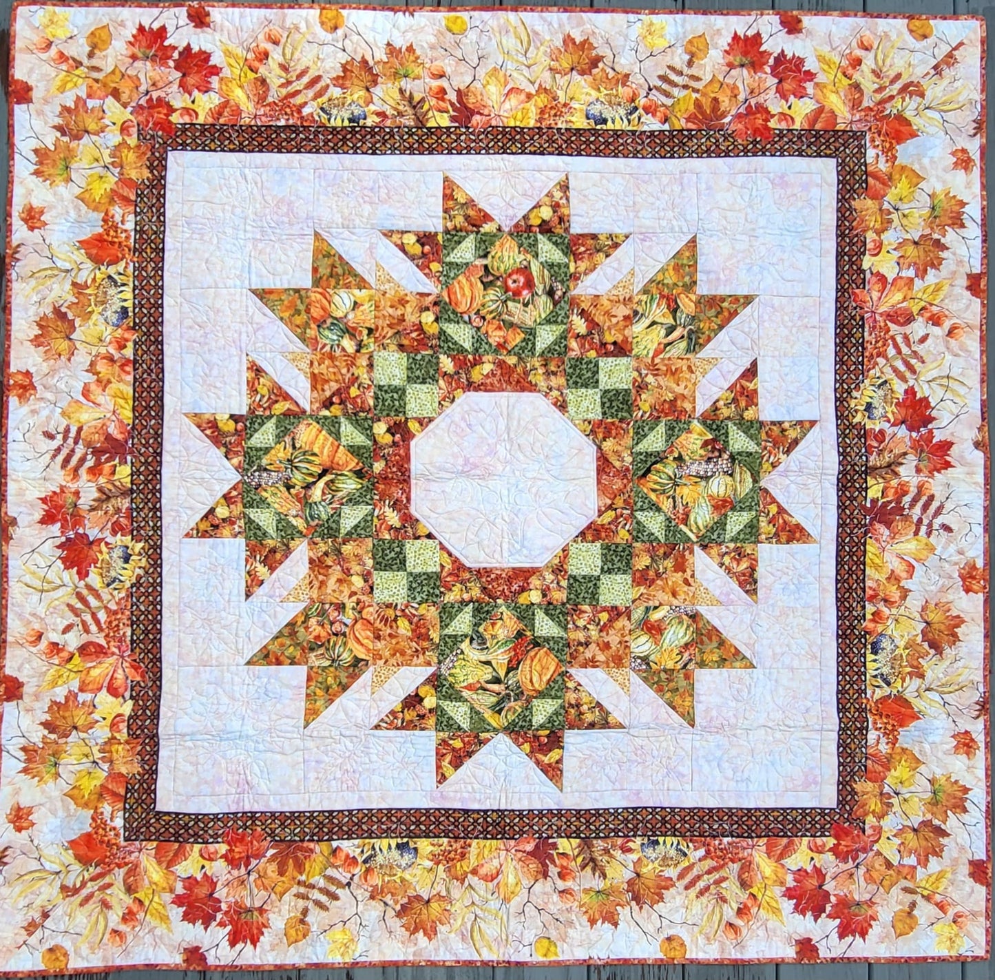Autumn Celebration Wreath 59.5" x 59.5" Handmade Lap / Wall Hanging Quilt