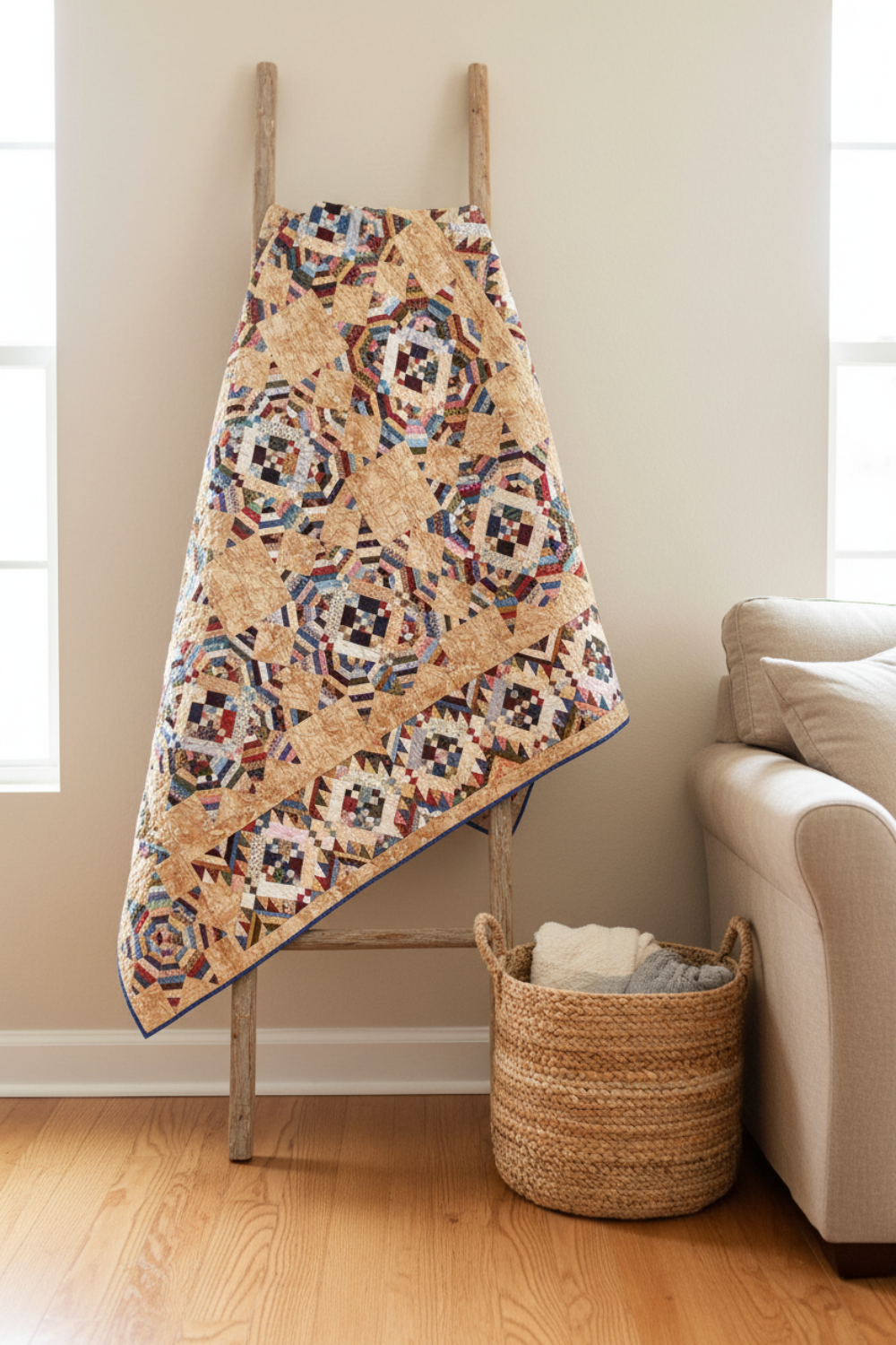 Scrappy Trail Mix quilt draped indoors highlighting warm neutrals and detailed quilting