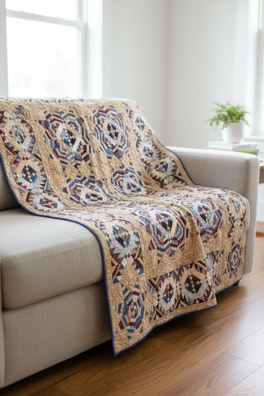 Patterned quilt draped over a beige sofa in a bright living room.