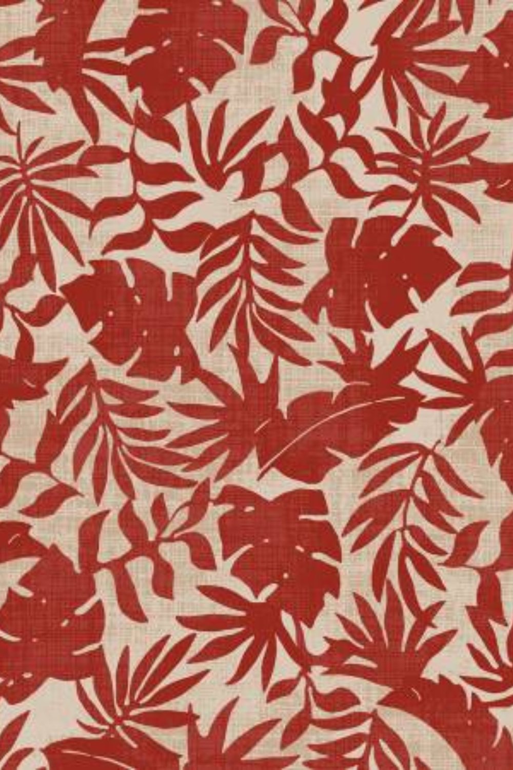 Detailed view of Breezeway Red/Cream Textured Palms fabric by Maywood Studio, showing bold red palm and monstera silhouettes on a cream ground.