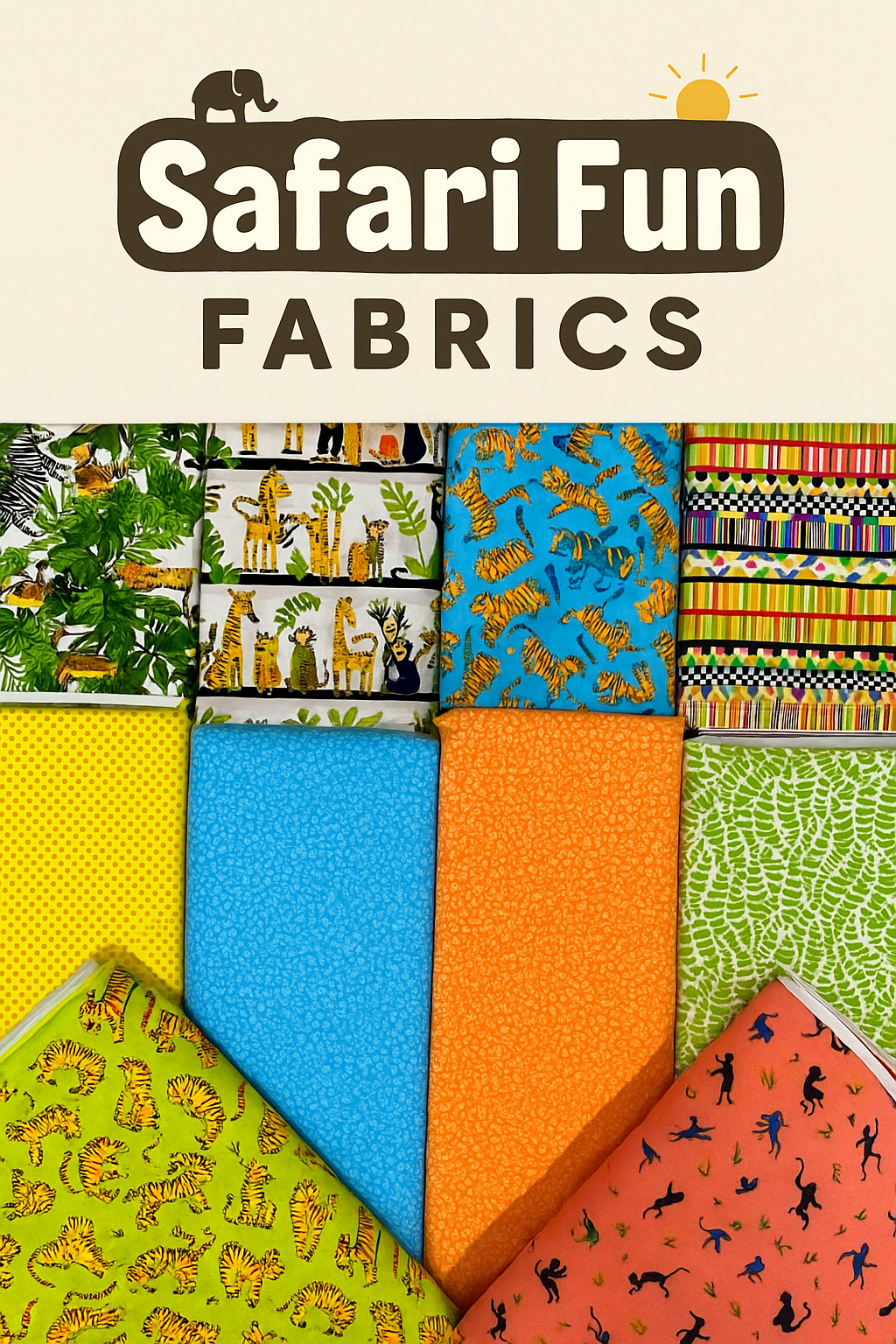Safari Fun fabric collection — playful tigers, parrots, and vibrant jungle patterns