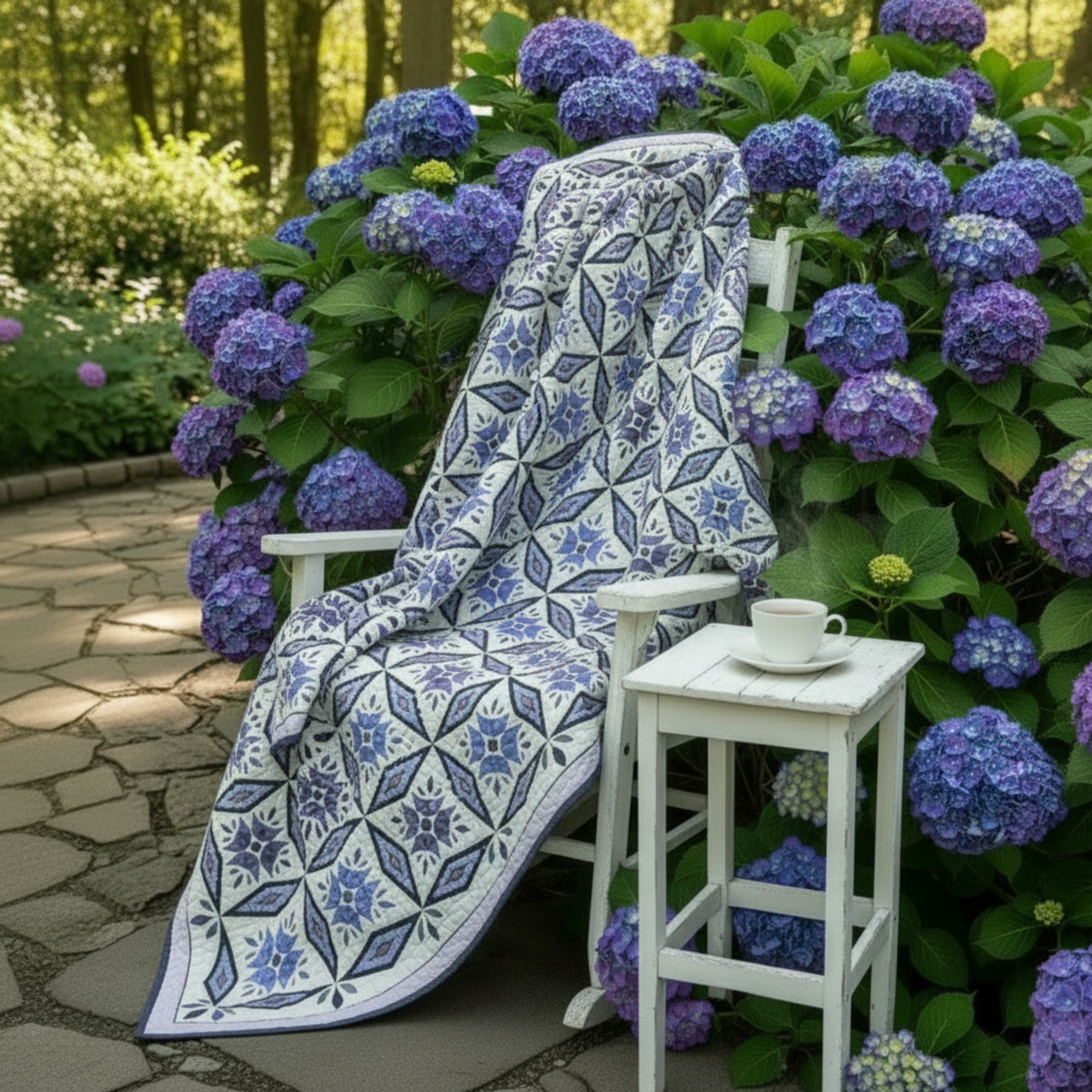 Decorative quilt with blue and white pattern on a bed of purple flowers
