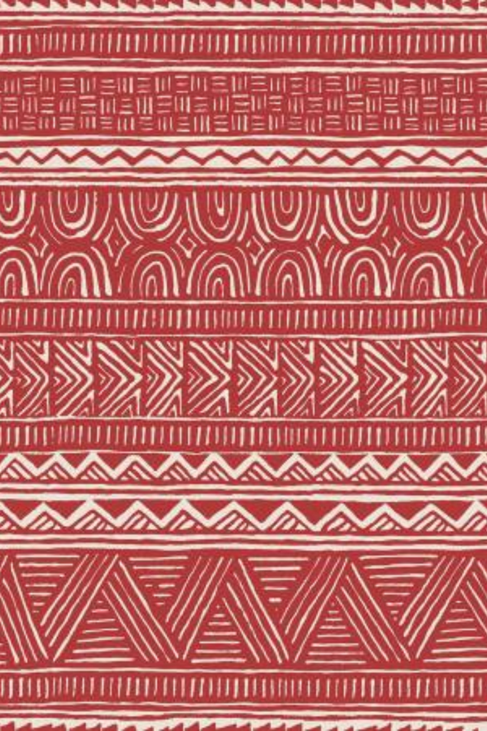 Detailed view of Breezeway Medium Red Stripe fabric by Maywood Studio, showing layered red and cream geometric stripe patterns.