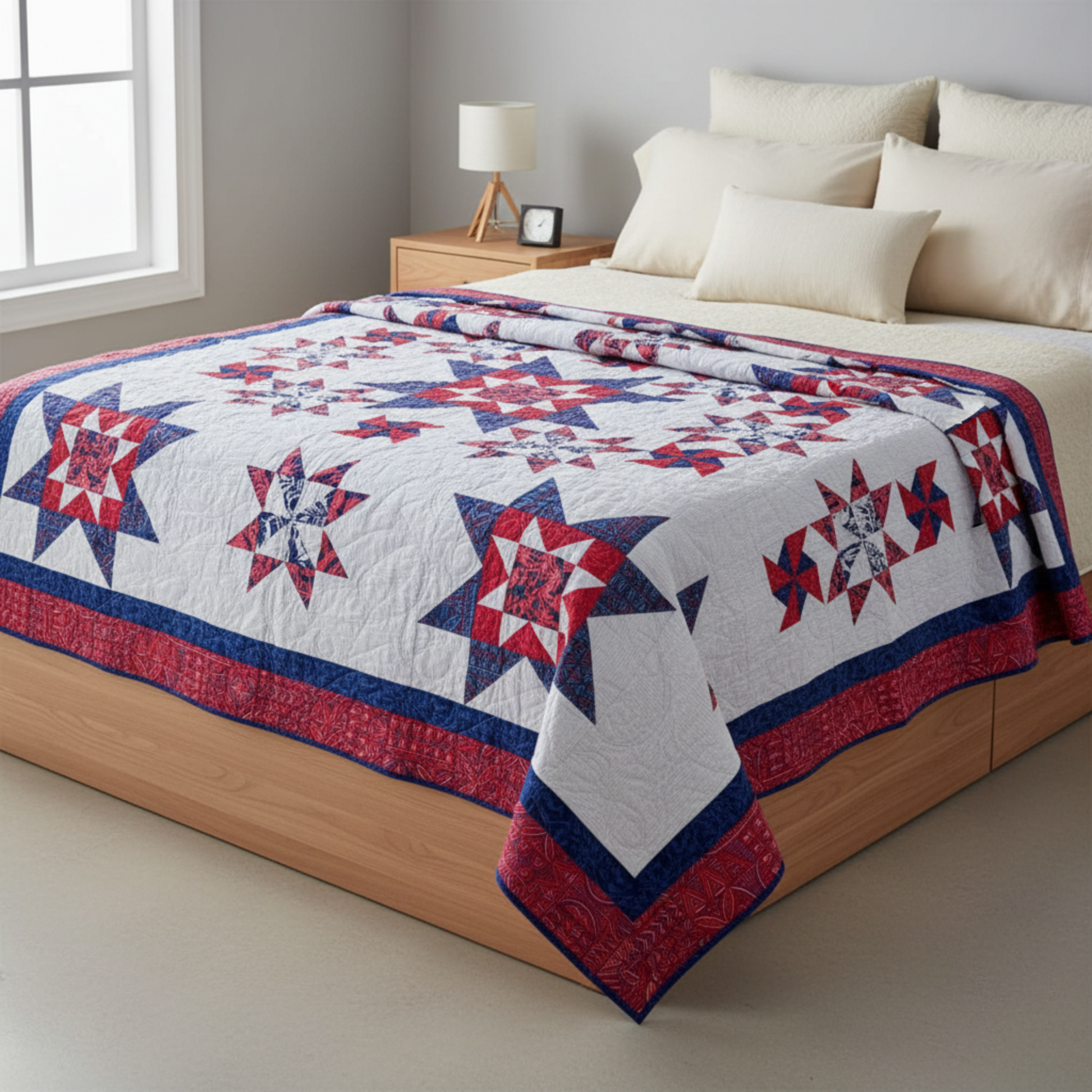 Bed with a red, white, and blue star-patterned quilt in a bedroom setting. 