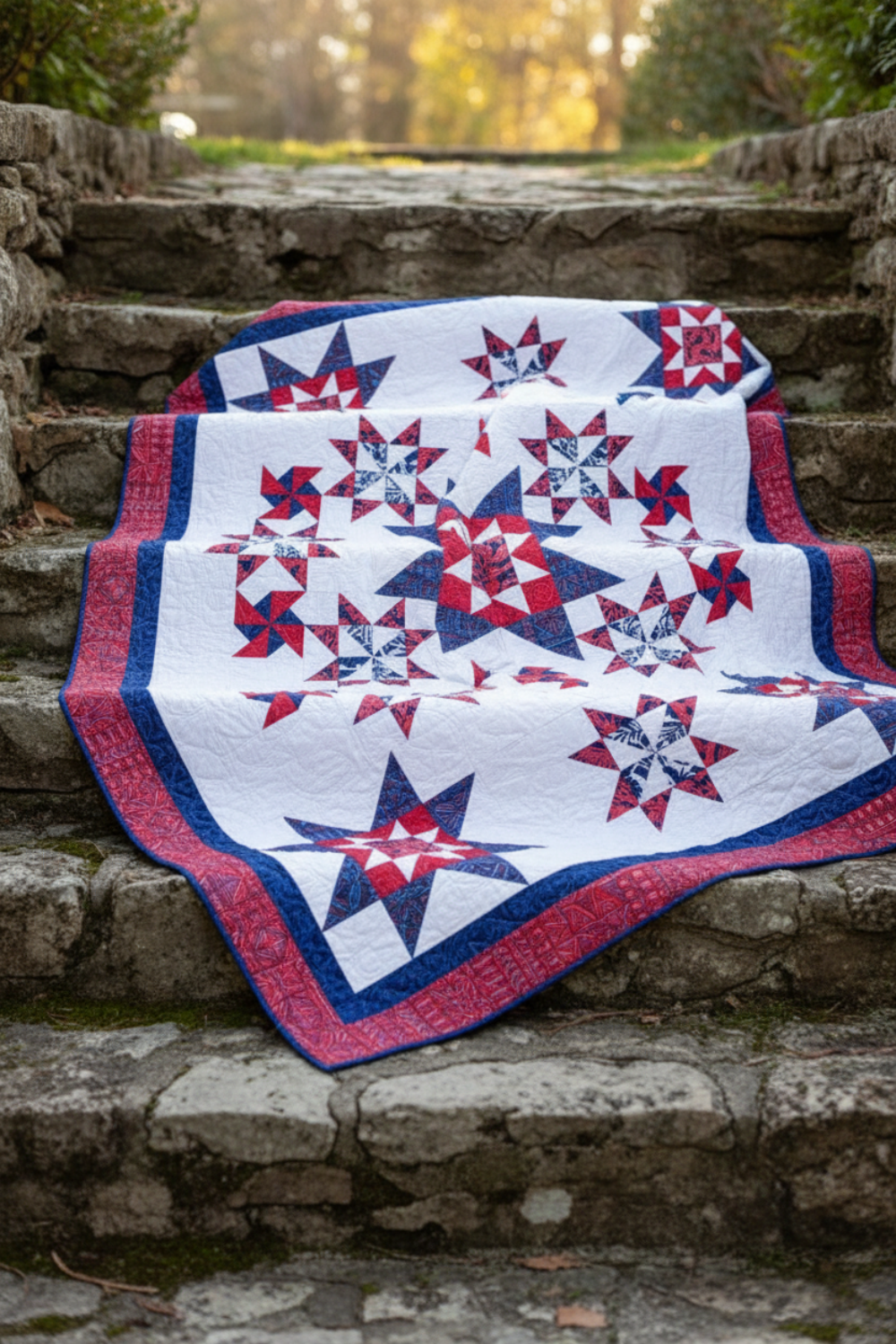 Quilt with star pattern on stone steps outdoors