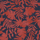 Detailed view of Breezeway Red/Blue Textured Palms fabric by Maywood Studio, showing the red tropical leaf motifs and textured deep blue background.