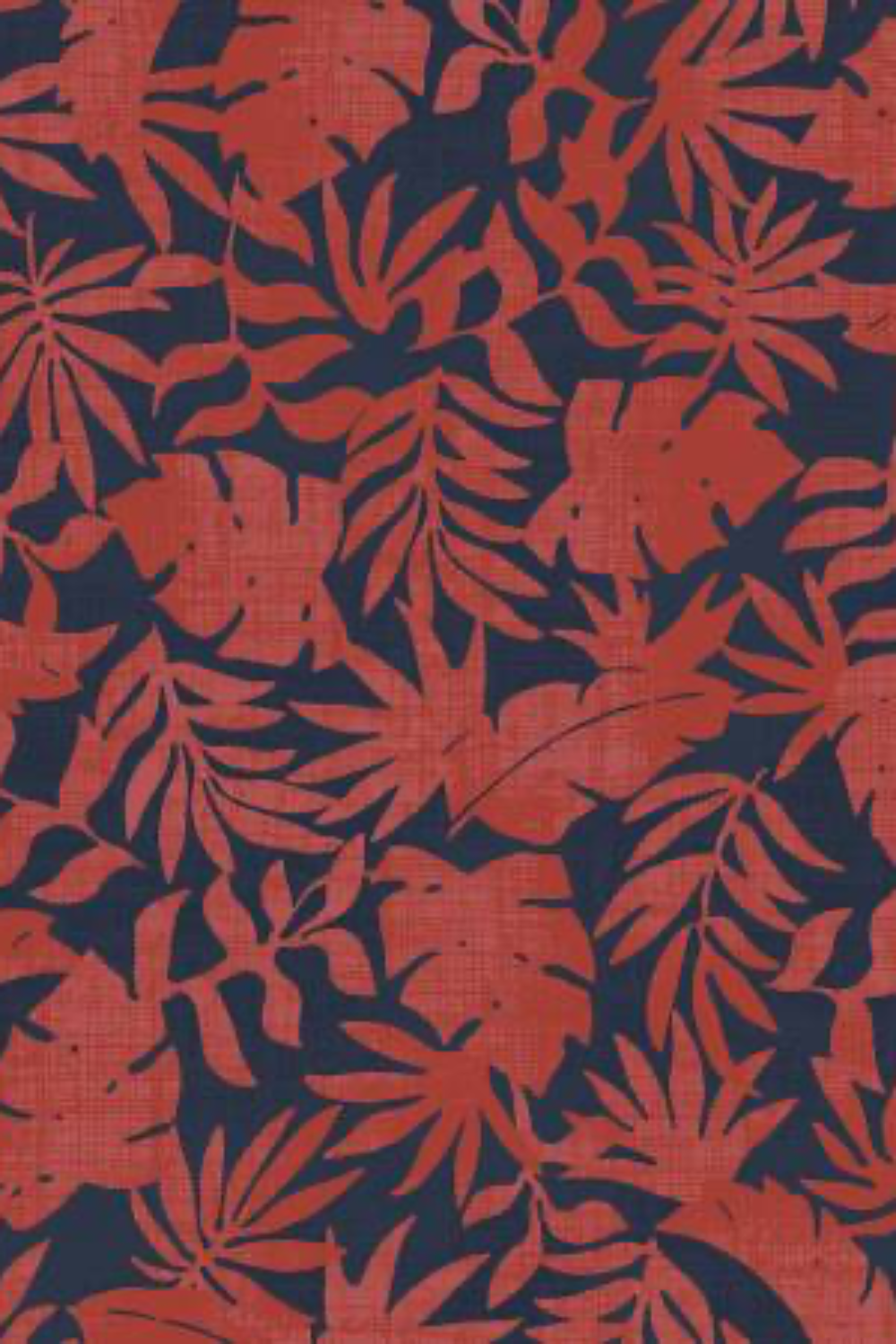 Detailed view of Breezeway Red/Blue Textured Palms fabric by Maywood Studio, showing the red tropical leaf motifs and textured deep blue background.