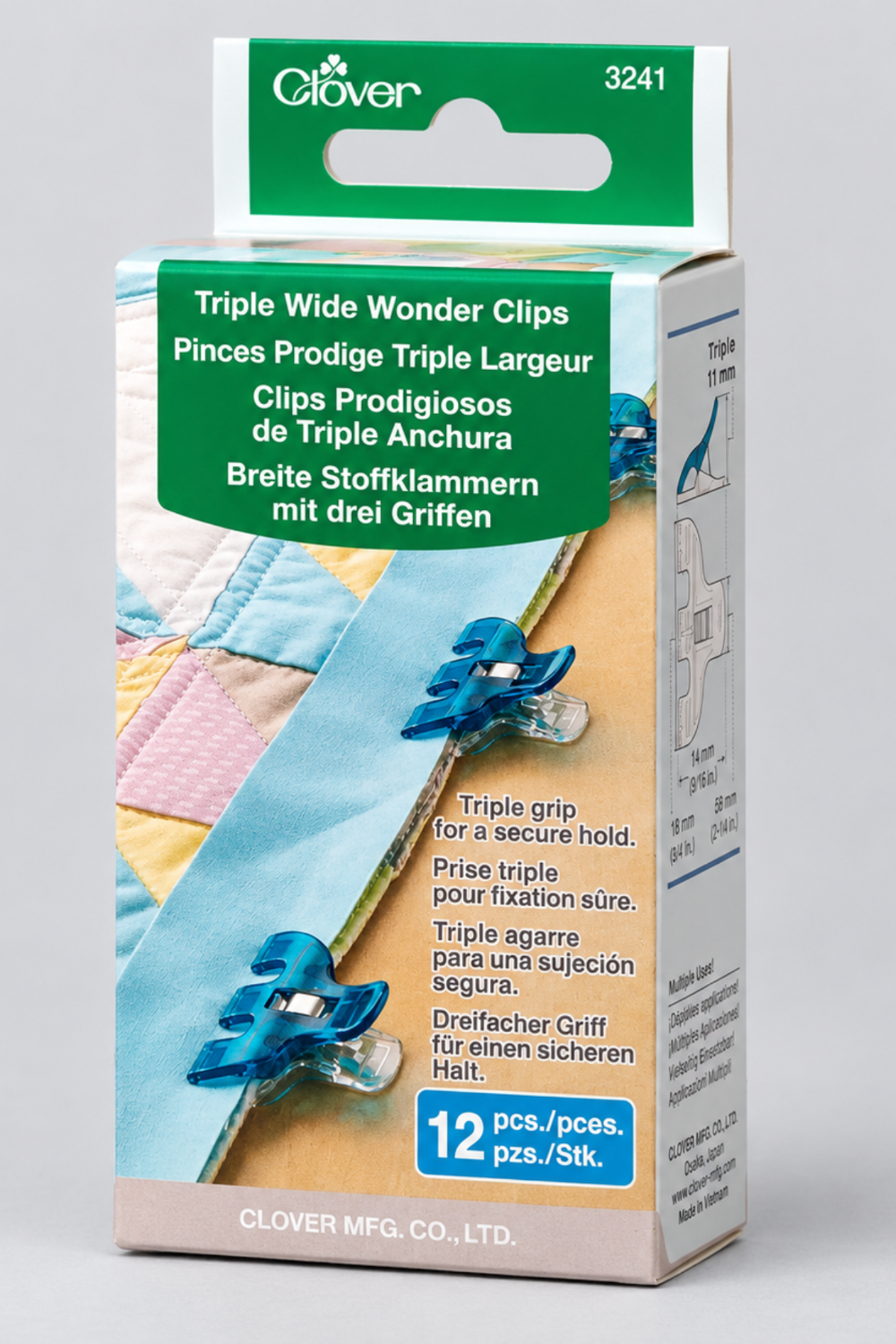 Clover Triple Wide Wonder Clips 3241 retail packaging showing two blue clips on quilt binding with multilingual triple-grip description and 12-count label