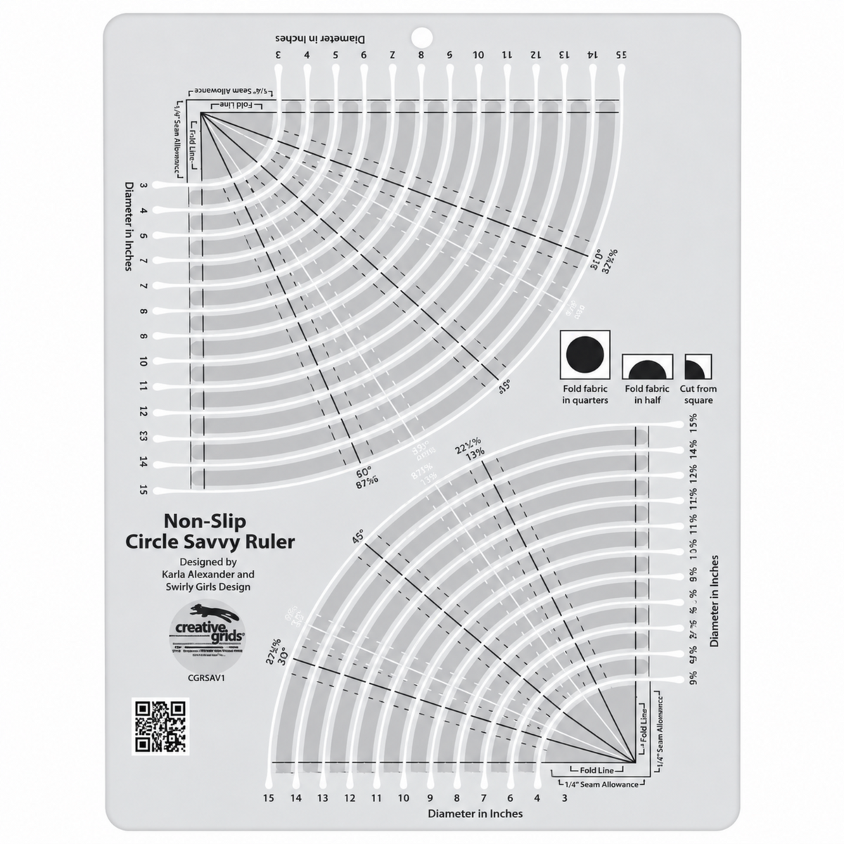 Creative Grids Non-Slip Circle Savvy Ruler CGRSAV1 showing arc and quarter-circle cutting lines for circles 3in to 15-1/2in with fold lines and seam allowance markings