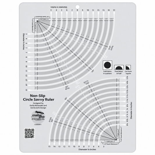 Creative Grids Non-Slip Circle Savvy Ruler CGRSAV1 showing arc and quarter-circle cutting lines for circles 3in to 15-1/2in with fold lines and seam allowance markings