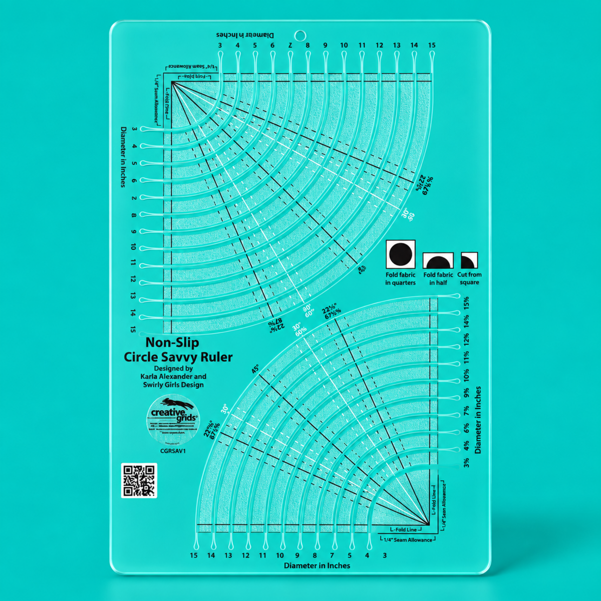 Creative Grids Non-Slip Circle Savvy Ruler CGRSAV1 on teal background showing full arc grid with degree markings, fold lines, QR code, and Creative Grids logo