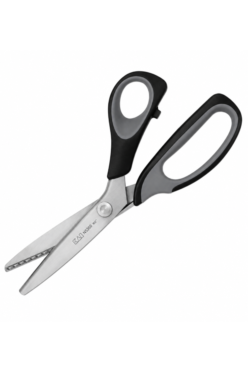 KAI N5360 9in Pinking Shears with stainless steel zigzag blades and black and gray ergonomic soft-grip handles — the must-have quilting and sewing tool for clean, fray-resistant fabric edges