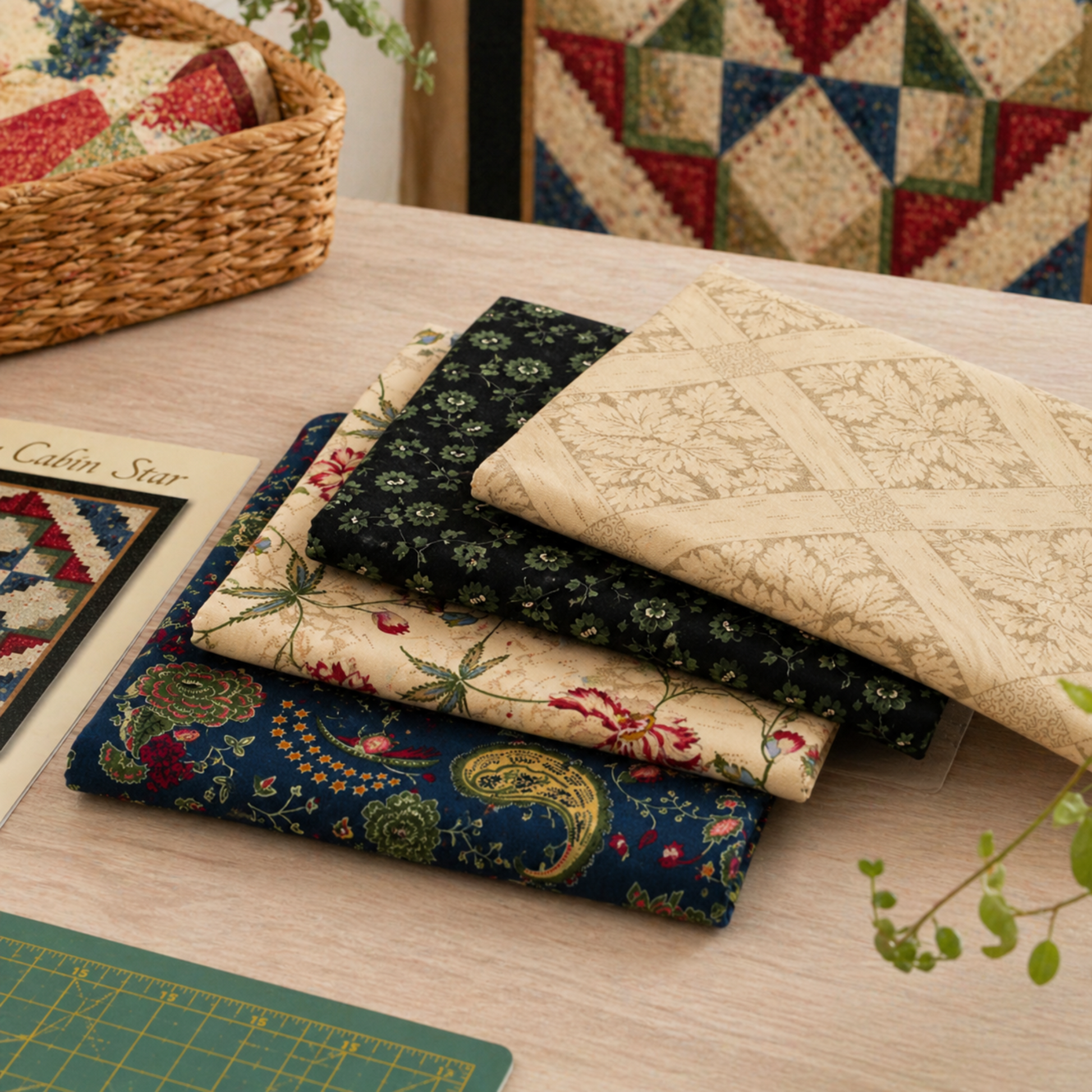 Vintage Charm by Judie Rothermel for Marcus Fabrics – reproduction fabric collection styled in quilter's studio with Log Cabin Star pattern, navy paisley, cream floral vine, black ditsy floral, and cream lattice cottons with finished quilt in background