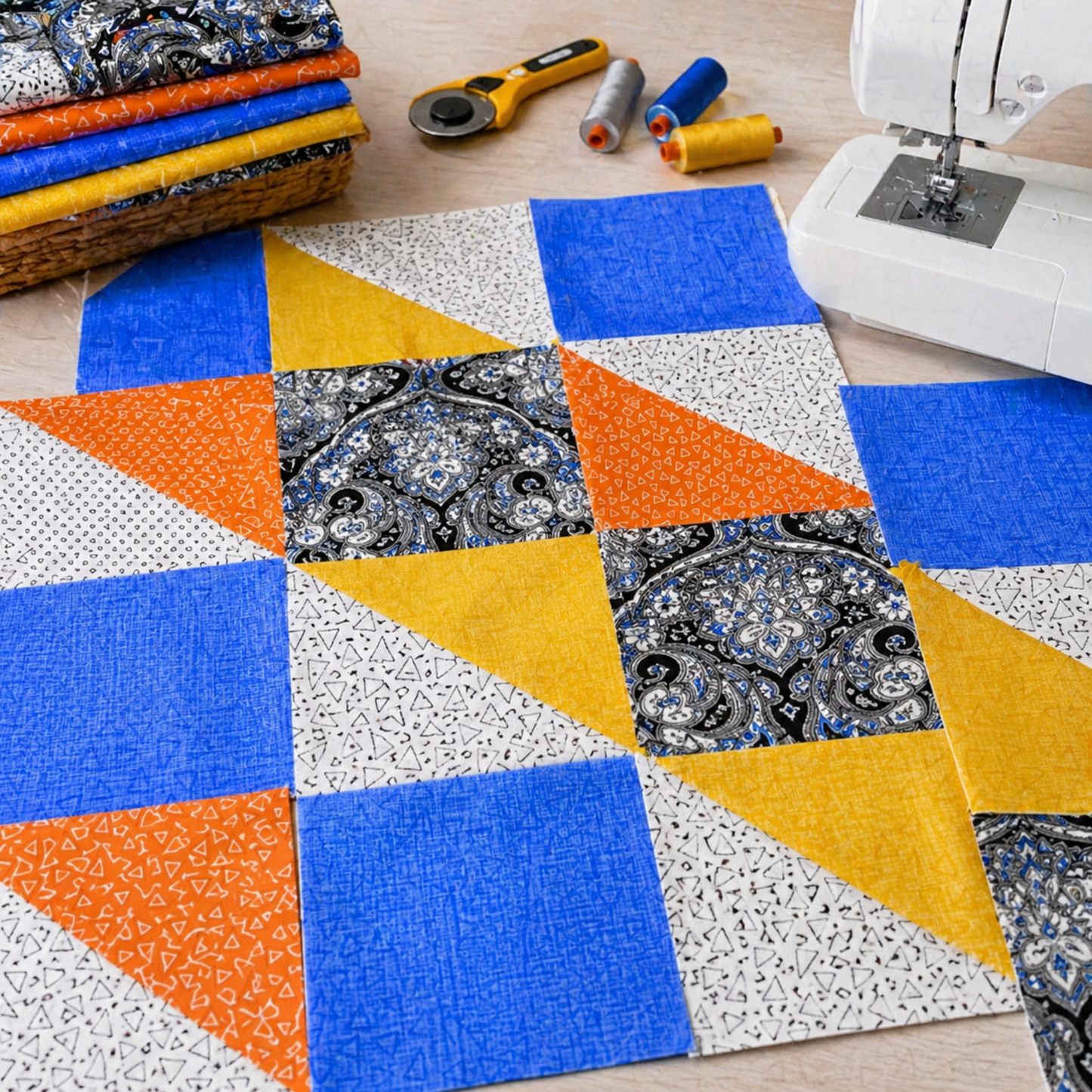 Safari Fun Floating Triangles White/Black by Terry Runyan for Benartex – in-progress quilt top featuring white with black triangle outlines as background fabric, paired with blue, orange, and gold quilting cottons, with sewing machine and rotary cutter on a wooden table