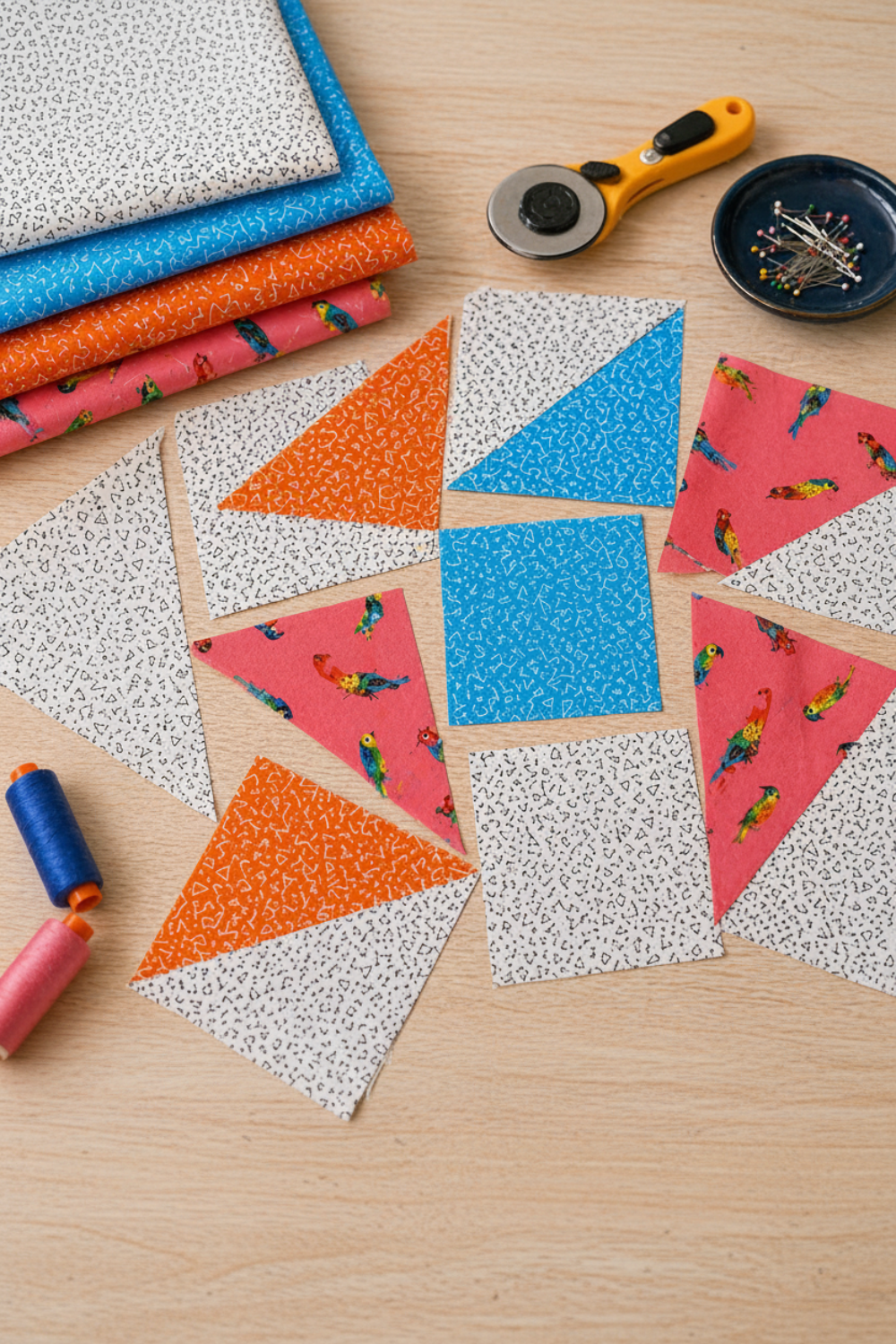 Safari Fun Floating Triangles White/Black by Terry Runyan for Benartex – cut half-square triangle quilt blocks in progress on a wooden table, featuring white with black triangle outlines paired with orange, blue, and coral parrot Safari Fun fabrics, with rotary cutter, pins, and thread spools