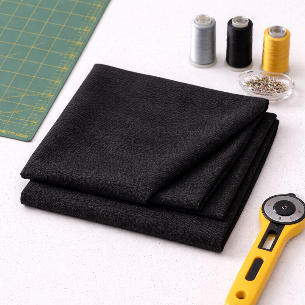 Interwoven Charcoal by Jason Yenter – quilt room lifestyle shot with folded fabric, cutting mat corner, spools of thread, pins, and rotary cutter on light grey base