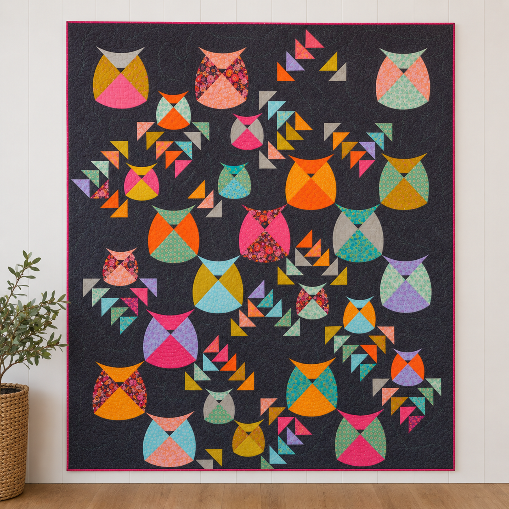 Thatched Shadow deep purple fabric by Robin Pickens for Moda Fabrics shown as quilt background. Quilts shown for inspiration feature the Mod Owls Revival Quilt Pattern by Sew Kind of Wonderful — available at IraRobi Quilts.