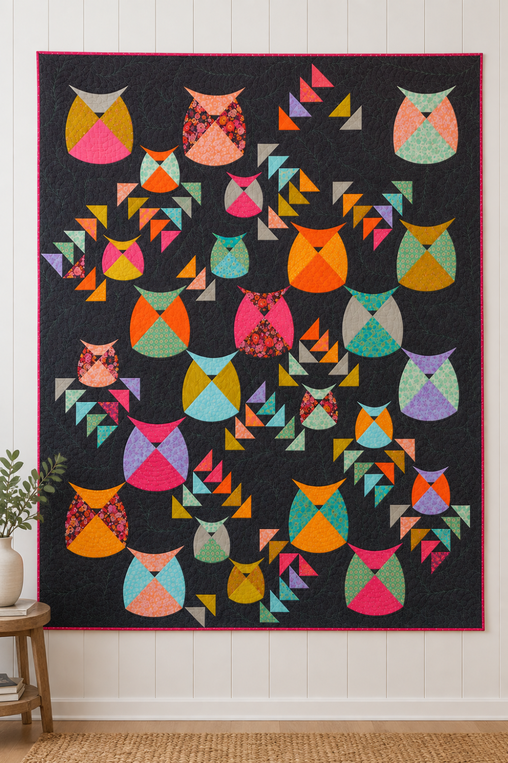 Thatched Shadow deep purple fabric by Robin Pickens for Moda Fabrics shown as quilt background. Quilts shown for inspiration feature the Mod Owls Revival Quilt Pattern by Sew Kind of Wonderful — available at IraRobi Quilts.
