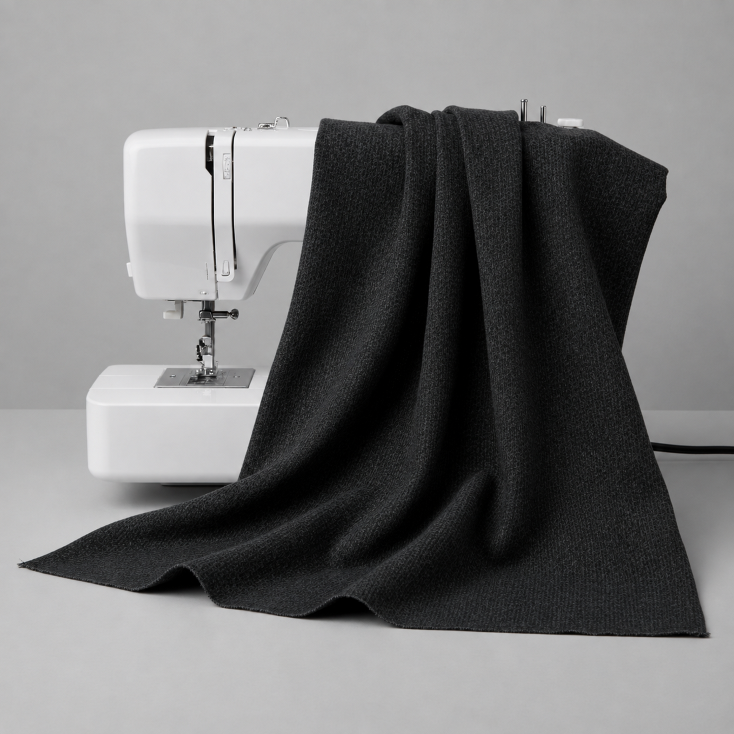 Texture Graphix Speckle Black quilting cotton fabric draped over a sewing machine – deep charcoal-black tonal speckled blender by Jason Yenter for In The Beginning Fabrics, 100% cotton