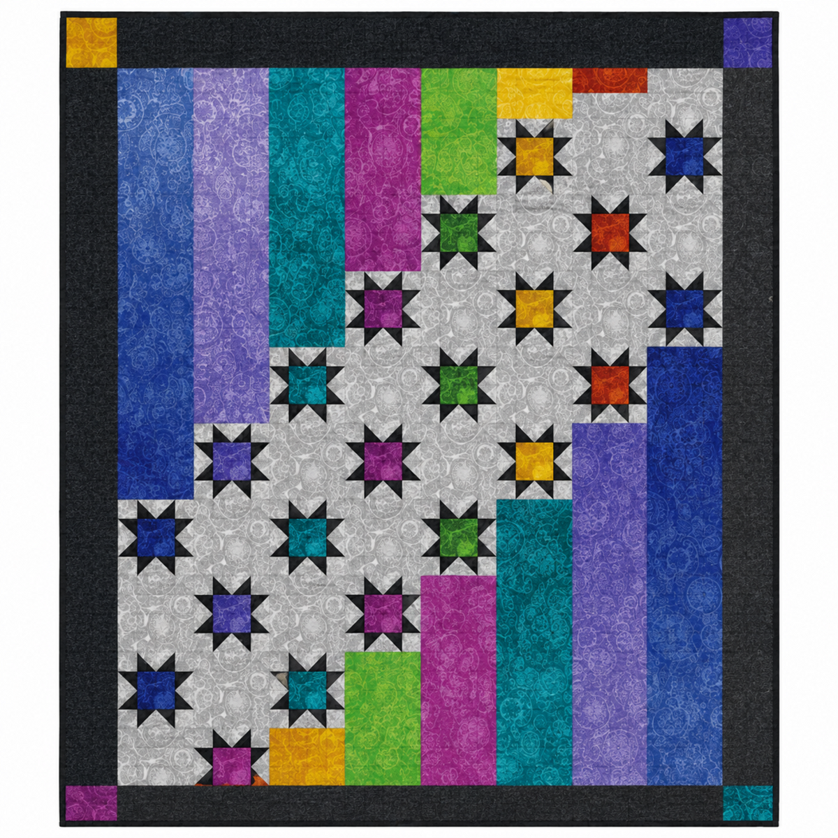 Quilt shown for inspiration features the Aurora Nights by Bound to be Quilted — available at IraRobi Quilts. Texture Graphix Speckle Black quilting cotton by Jason Yenter for In The Beginning Fabrics also available at IraRobi Quilts.