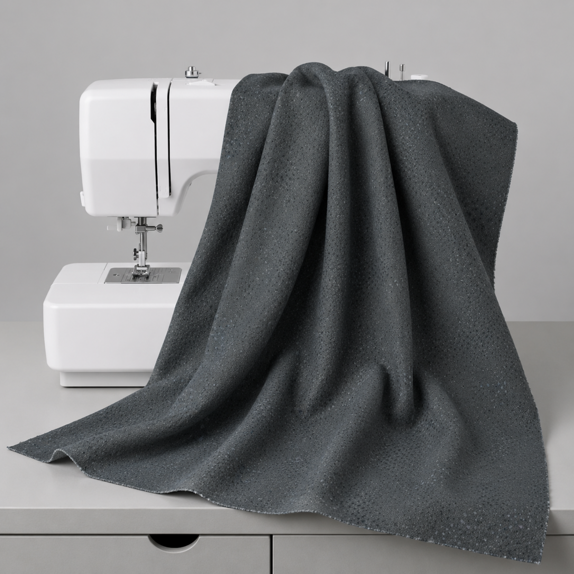 Spotted Charcoal quilting cotton fabric draped over a sewing machine – deep charcoal-grey tonal speckled near-solid blender by Zen Chic for Moda Fabrics, 100% cotton