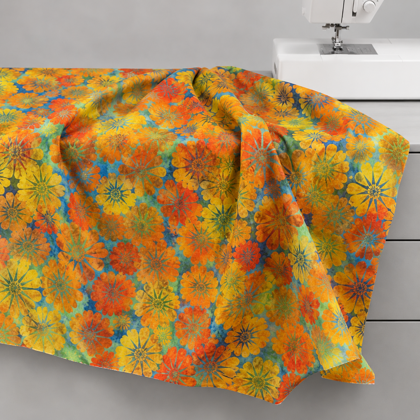 Impressions Gold Daisies quilting cotton fabric draped over a sewing table showing allover large-scale daisy pattern – vibrant golden yellow, orange, and red blooms on teal and blue watercolor ground by Jason Yenter for In The Beginning Fabrics, 100% cotton, 3 yard cut