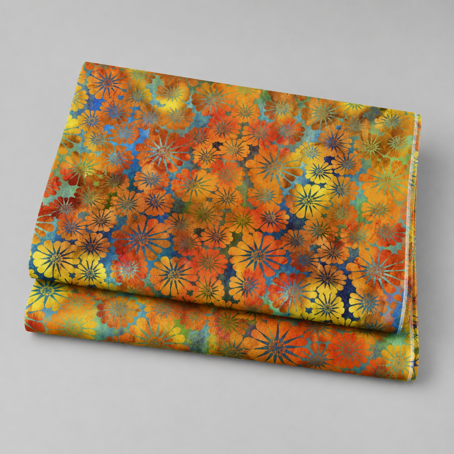 Impressions Gold Daisies quilting cotton fabric folded to show allover large-scale daisy pattern – vibrant golden yellow, orange, and red blooms on teal and blue watercolor ground by Jason Yenter for In The Beginning Fabrics, 100% cotton, 3 yard cut