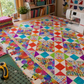 PAWsitivity Purple Field quilting cotton by Jason Yenter for In The Beginning Fabrics — shown in a colorful half-square triangle quilt with coordinating rainbow PAWsitivity prints and border fabric, in a bright quilting studio.