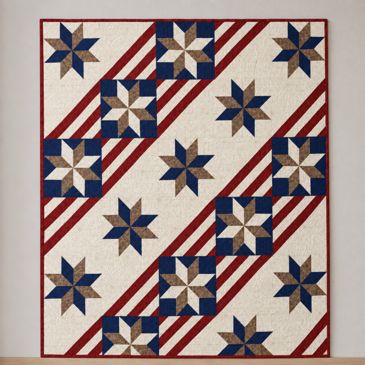Quilt shown for inspiration features the Fifty Nifty Quilt Pattern by Shadow Valley Quilts made with Thatched Navy fabric by Robin Pickens for Moda Fabrics — navy star blocks with red diagonal stripes on a cream background. Coordinating fabrics and quilt patterns available at IraRobi Quilts.