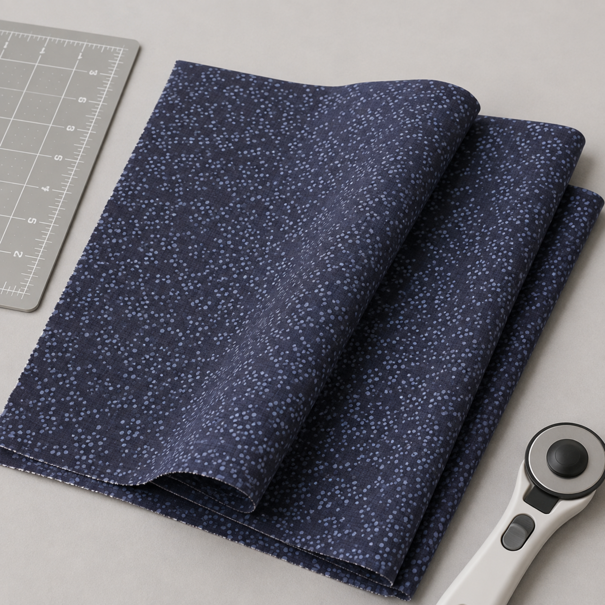 Dotty Thatched Indigo fabric by Robin Pickens for Moda Fabrics folded in a neat stack on a light grey surface with a cutting mat and rotary cutter — deep indigo-charcoal with scattered tonal grey dots. Available at IraRobi Quilts.
