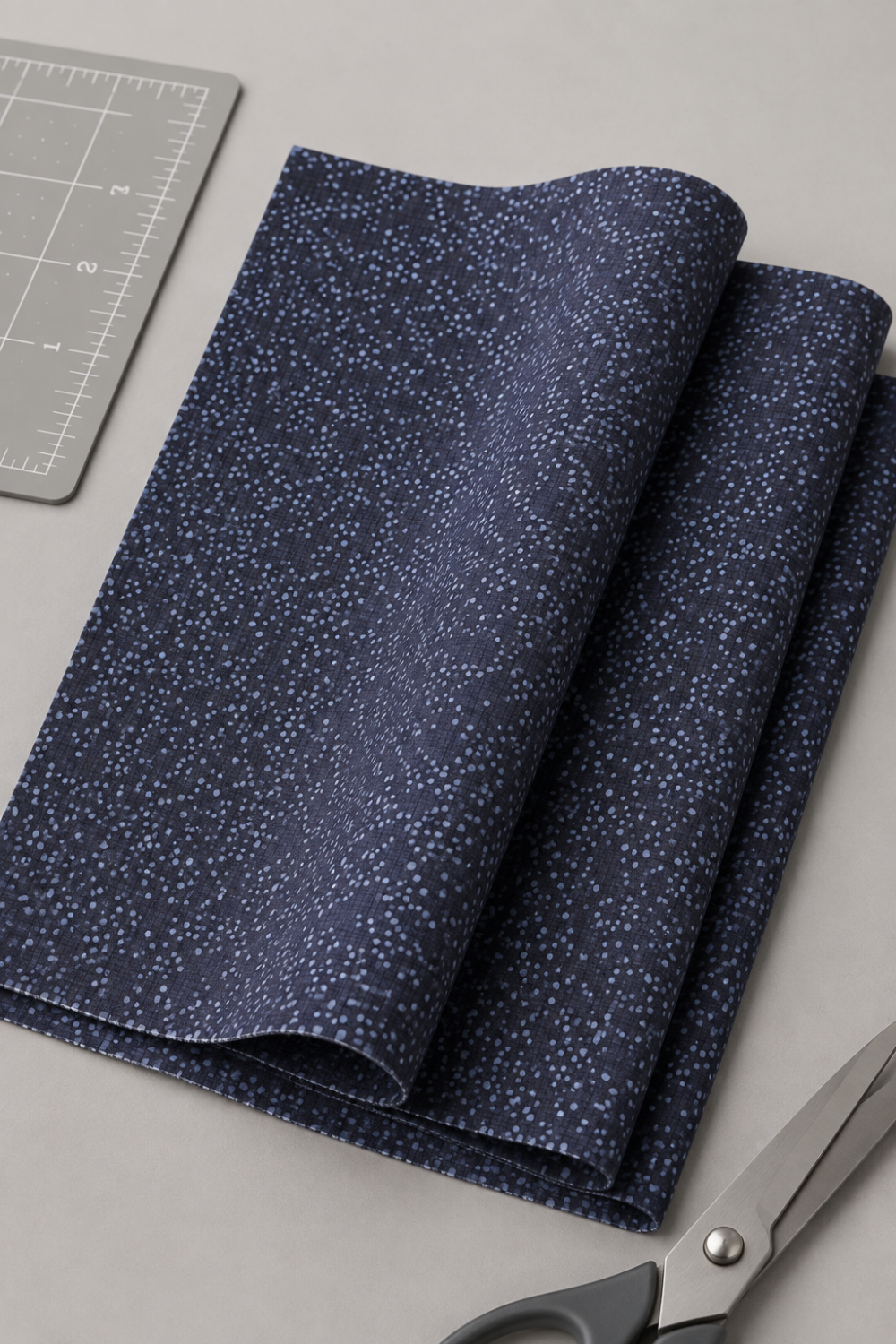 Dotty Thatched Indigo fabric by Robin Pickens for Moda Fabrics folded in a neat stack on a light grey surface with a cutting mat and rotary cutter — deep indigo-charcoal with scattered tonal grey dots. Coordinating fabrics and quilt patterns available at IraRobi Quilts.