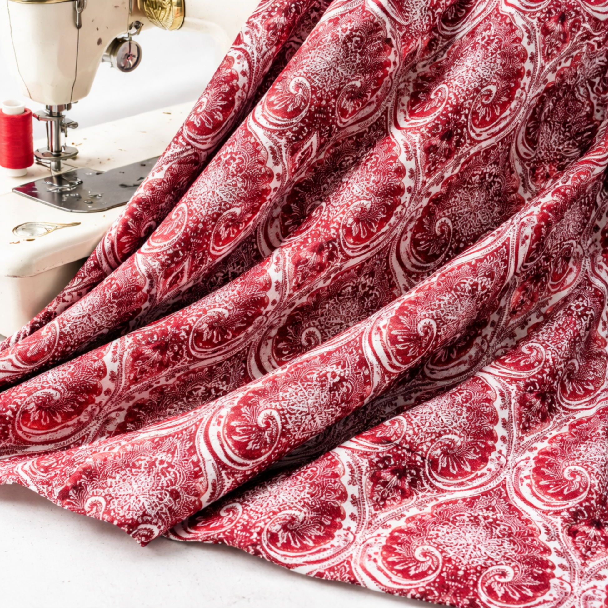 Nature's Winter Red Snowflake Ogee quilting cotton draped to show fabric softness and snowflake ogee detail
