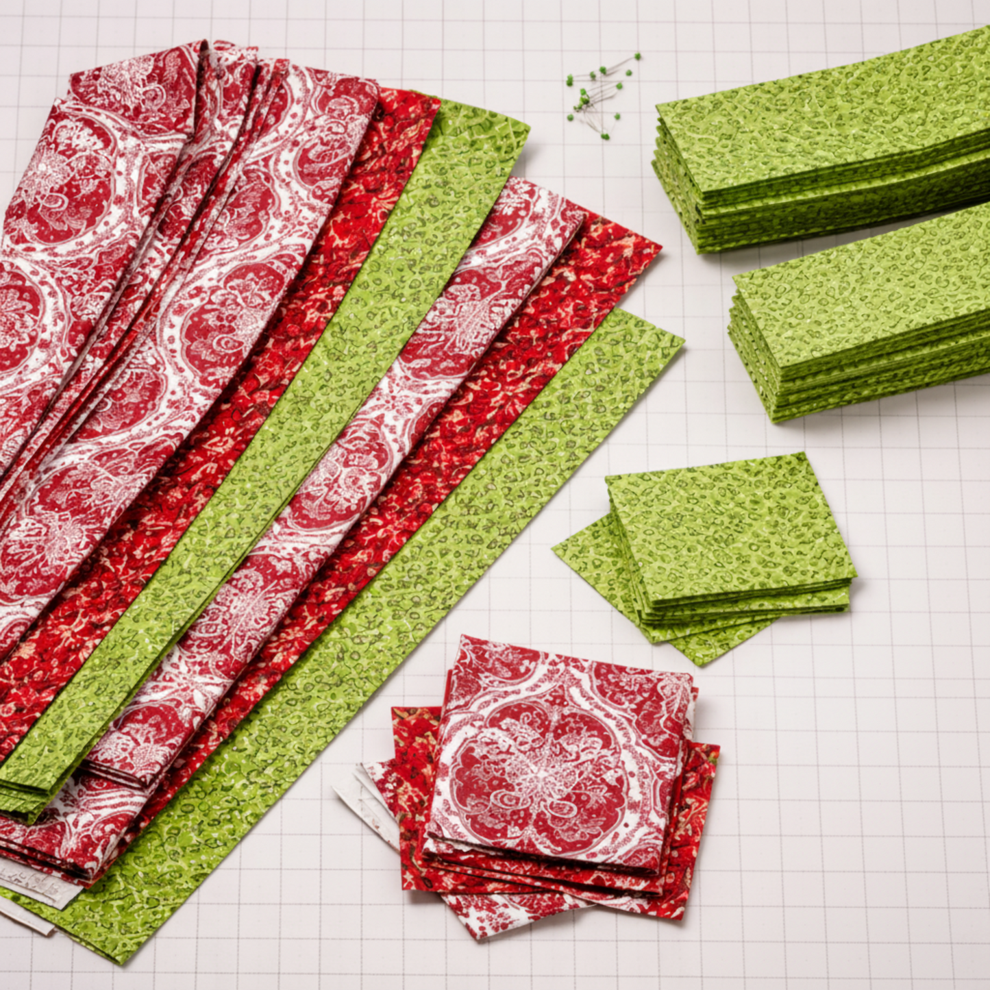 Nature's Winter Red Snowflake Ogee quilting cotton in progress with coordinating fabrics and rotary cutter – project inspiration
