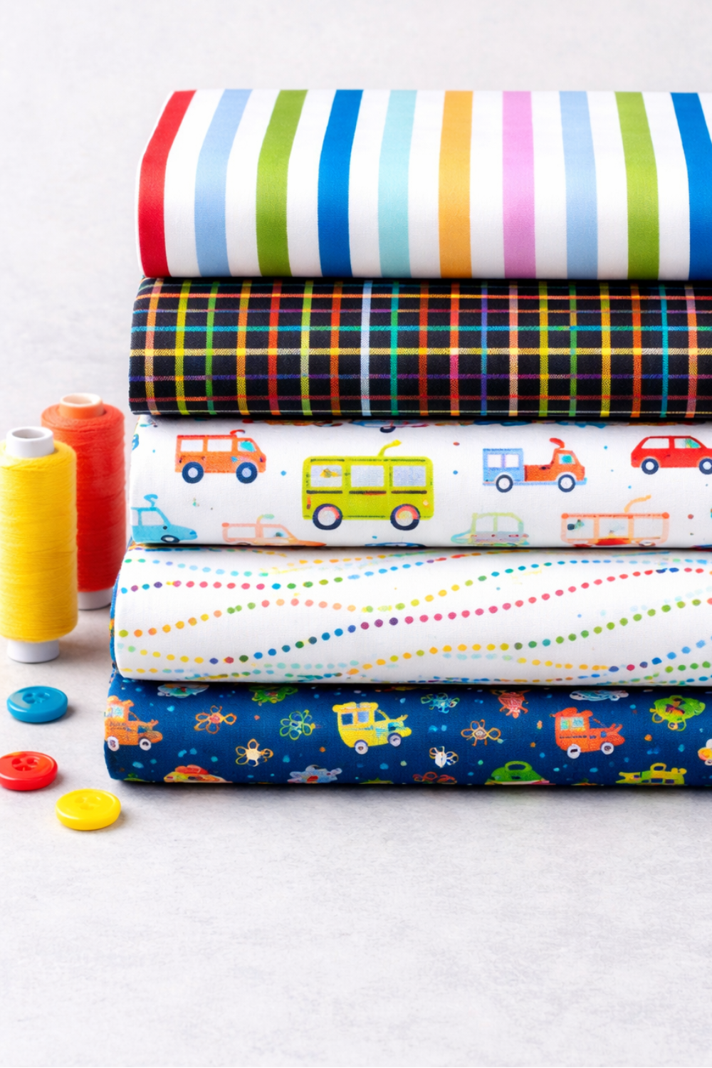 On the Go Stripes Multi quilting cotton styled for children's quilting project inspiration