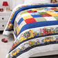 Quilting cotton On the Go border stripe fabric used as a quilt border around patchwork blocks, vertical lifestyle application on light grey background showing design in context