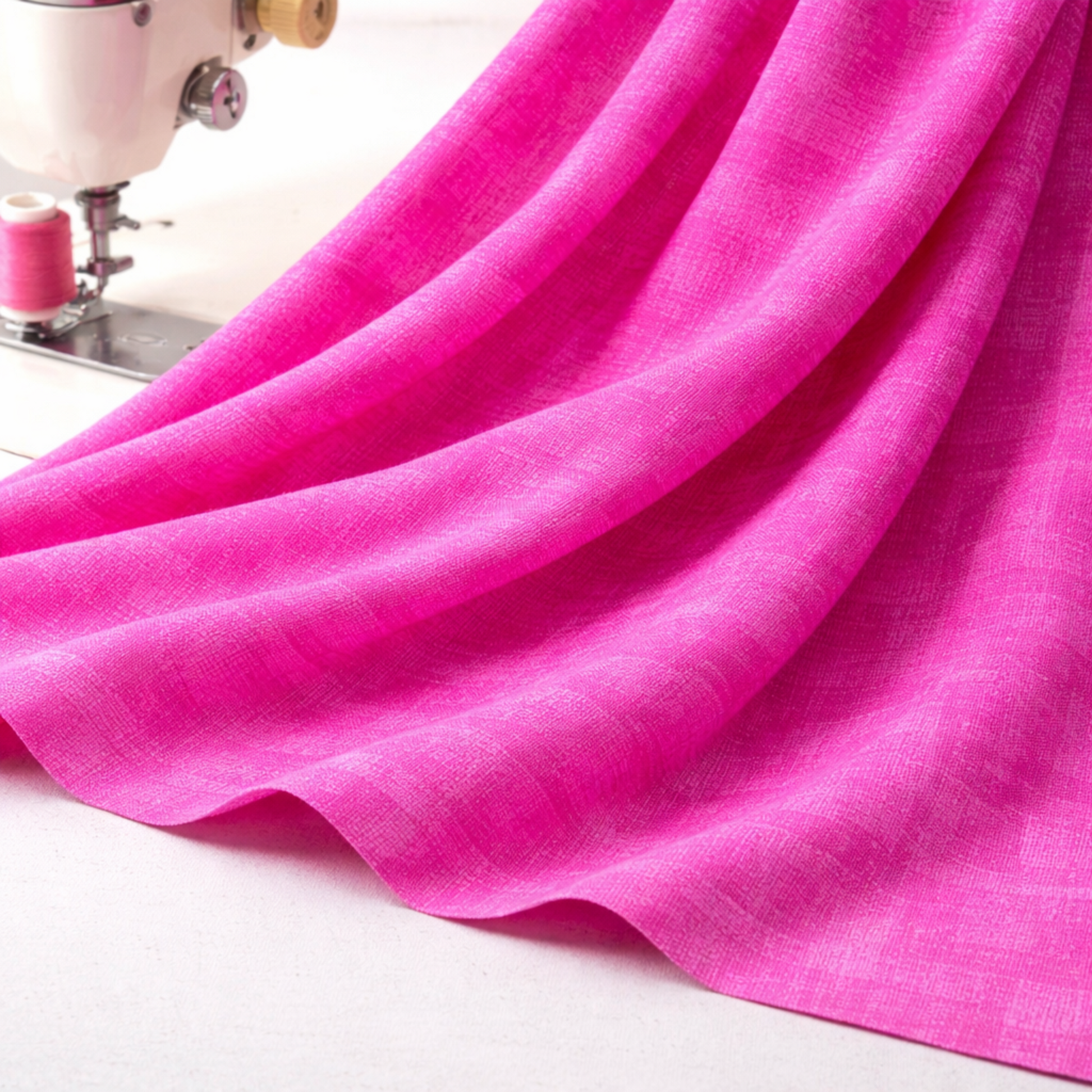 Interwoven Pink quilting cotton draped in sewing room showing vibrant geometric pattern ready for quilting