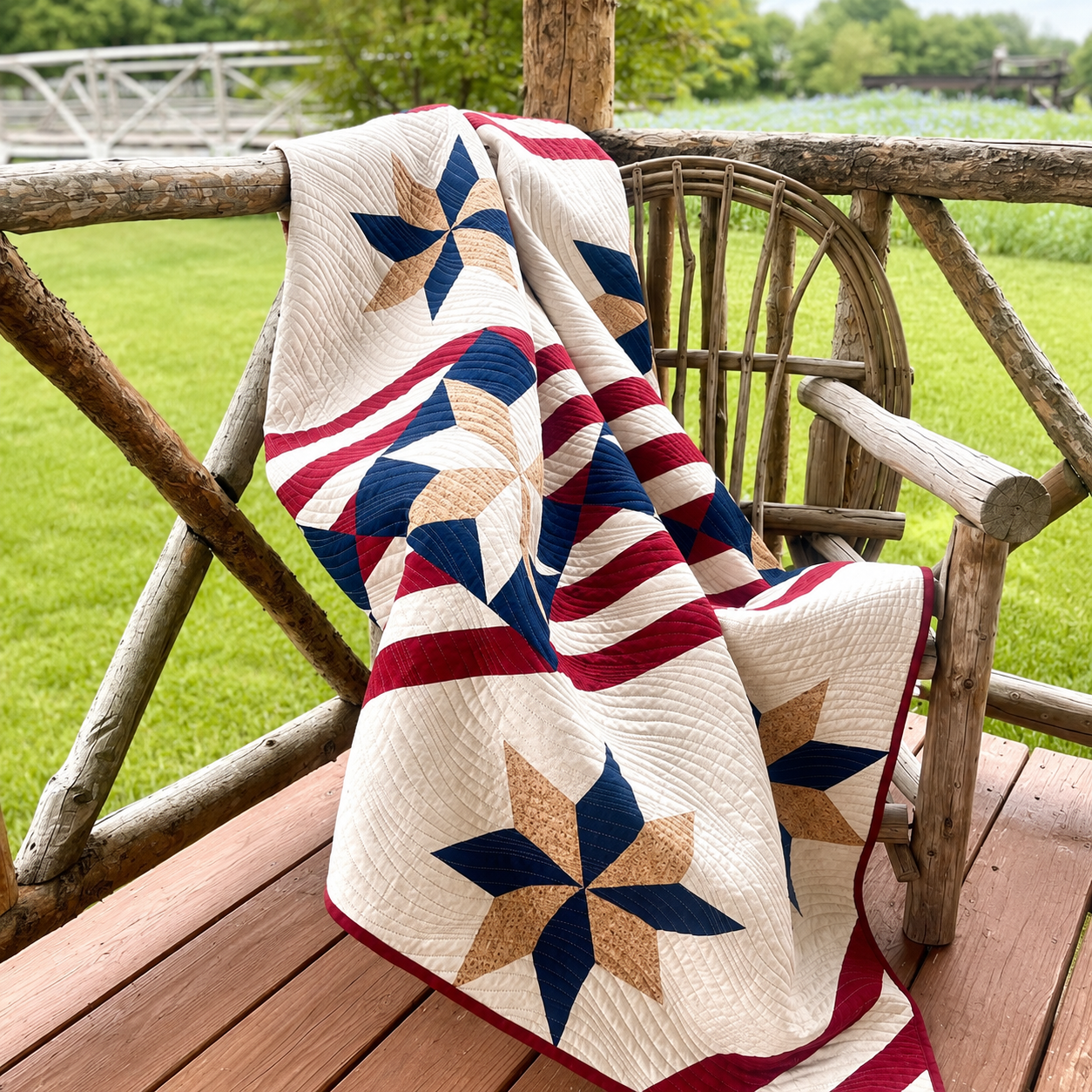 Fifty Nifty patriotic quilt pattern by Shadow Valley Quilts — flag-inspired design in red, white, and navy, draped over a rustic wooden chair outdoors