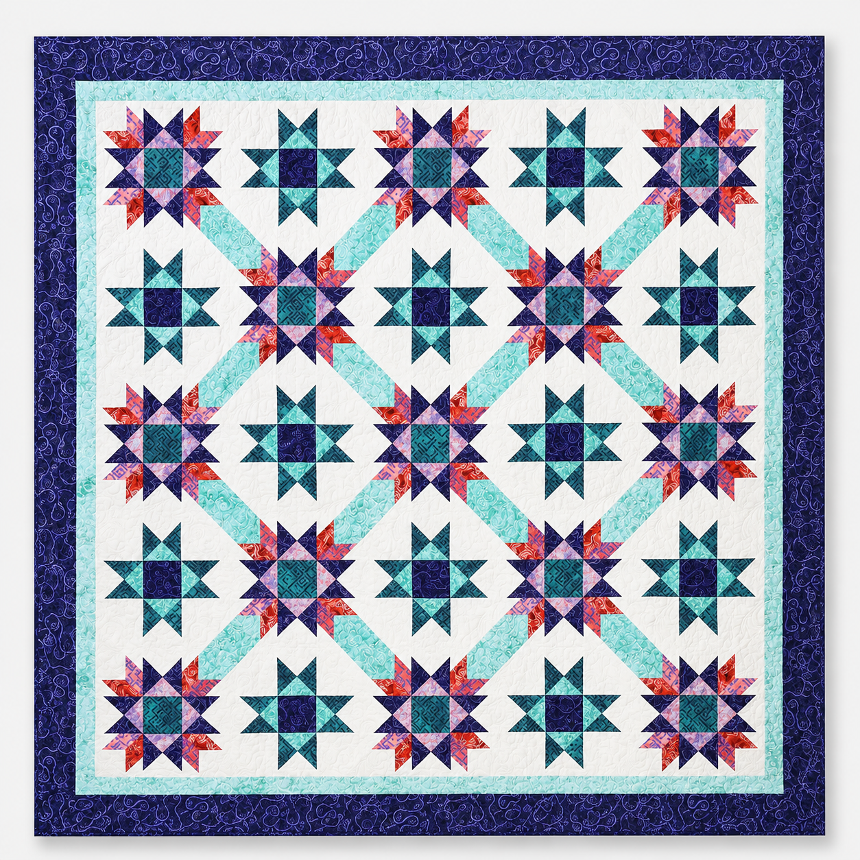 Starlit Pathways quilt pattern by Studio 180 Design — Hunter's Star and Hourglass blocks in jewel tones of teal, red, purple, and aqua on a white background with a deep navy border